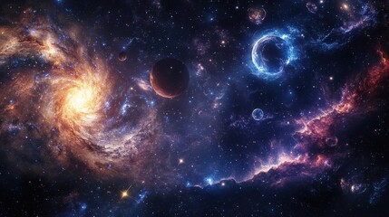 Vibrant cosmic scene with swirling galaxies and distant planets in space.