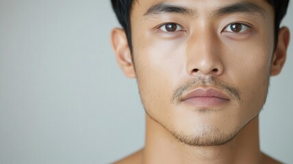 Fototapeta premium Closeup of an Asian man with cleanshaven, perfectly smooth skin, glowing under bright natural light cleanshaven, glowing skin, natural lighting