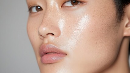 Closeup of an Asian man with perfectly smooth skin, cleanshaven and glowing under soft lighting   smooth skin, cleanshaven, glowing face