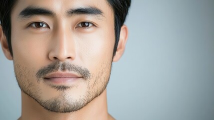 Fototapeta premium Closeup of an Asian man with smooth, clear skin, highlighted under studio lighting for a sharp, clean look studio lighting, clear skin, sharp features