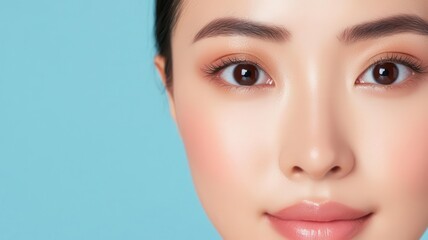 Fototapeta premium Closeup of an Asian woman s flawless skin, glowing under golden hour lighting for a soft, ethereal look golden hour, flawless skin, soft glow