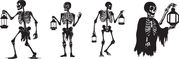 Silhouette of a skeleton holding a lantern, halloween vector silhouettes