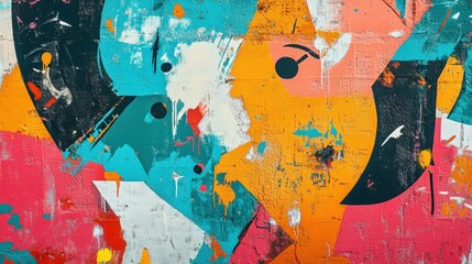 Vibrant street art mural with geometric shapes and bold colors.