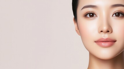 Fototapeta premium Closeup of an Asian woman s flawless skin, glowing under golden hour lighting for a soft, ethereal look golden hour, flawless skin, soft glow