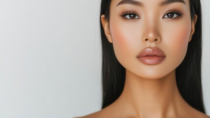 Naklejka premium Closeup of an Asian woman s glowing, perfectly smooth skin, captured in bright, natural daylight bright light, glowing complexion, smooth skin