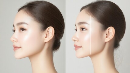 Closeup of an Asian woman s flawless, smooth skin, with a dewy finish and soft, glowing lighting   dewy finish, glowing light, smooth complexion