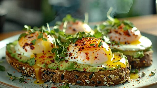 Close-up of avocado toast with poached eggs, sprinkled with red pepper flakes and garnished with microgreens.
