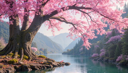 Naklejka premium Seamless Background: Japanese Cherry Blossoms
