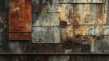 Rusty metal texture with gears and panels in an industrial setting.