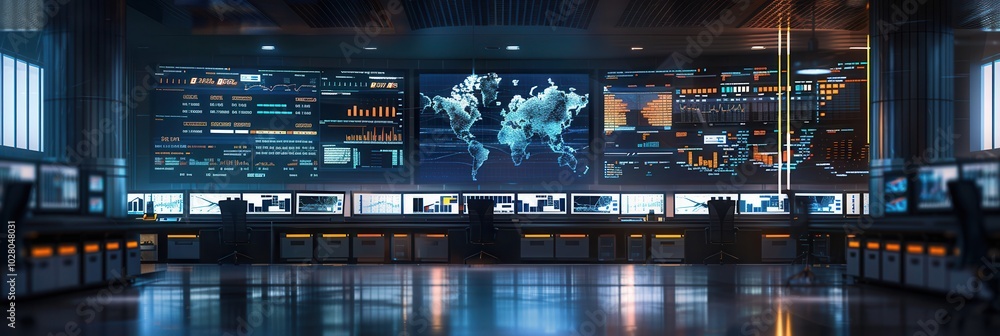 Poster the logistics control center features large screens displaying real-time delivery and route data to 