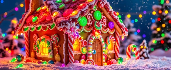 Fototapeta premium Colorful Gingerbread House with Candy Decorations in a Snowy Christmas Landscape