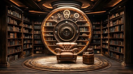 A steampunk-inspired circular lab with brass workstations and a central experiment space, surrounded by mechanical gadgets and glowing amber lights