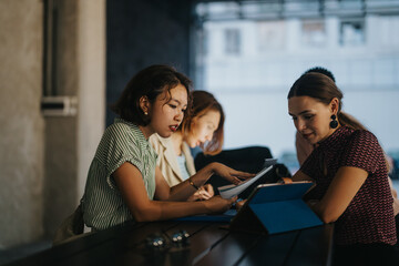A focused group of international business professionals working together at a conference table, exemplifying teamwork, collaboration, and modern urban office dynamics.