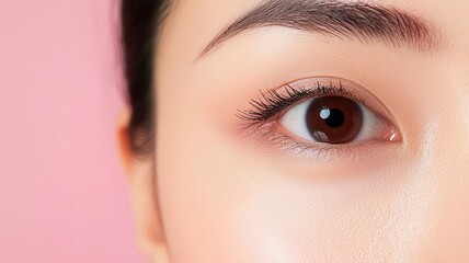 Naklejka premium Closeup of an Asian woman s face, smooth skin glowing with a soft, radiant finish, highlighting natural beauty smooth skin, glowing finish, natural beauty