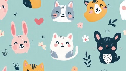 Cute cartoon animals on a pastel blue background with flowers.