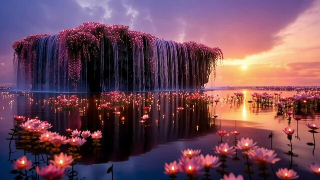 A magical waterfall with a mystical pink sunset and glowing flowers.