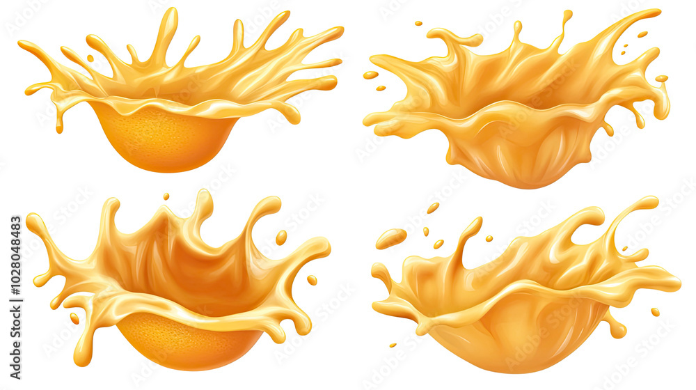 Poster dynamic splashes of orange juice against a white background generative ai