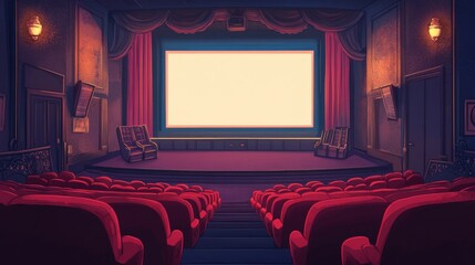 Obraz premium Empty vintage cinema with red seats and soft lighting.