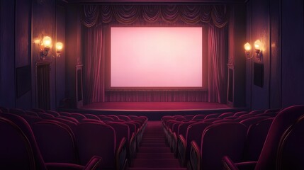 Empty vintage theater with red velvet seats and dim lighting.
