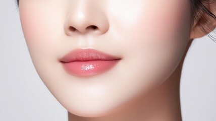 Obraz premium Closeup of an Asian woman with ultrasmooth skin, subtle blush, and soft, glossy lips subtle blush, smooth skin, glossy lips