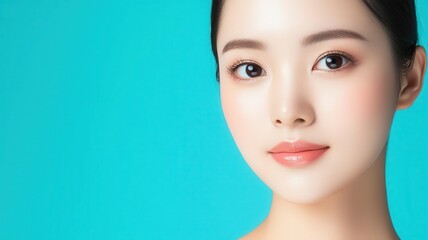 Fototapeta premium Closeup of an Asian woman with smooth skin and subtle bronzer, creating a glowing, sunkissed look sunkissed, smooth skin, glowing face