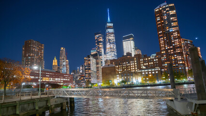 Obraz premium New York skyline at night. World Trade Center at night. Evening walk. World Trade Center. New York City evening panorama over Hudson River. WTC.