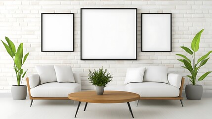 An industrial-style living room with exposed brick walls, metal accents, and a blank white frame above a rustic coffee table, providing an opportunity for creative expression.