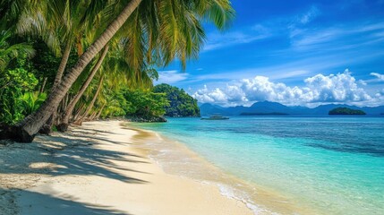 Tropical beach with palm trees and clear blue waters on a sunny day.