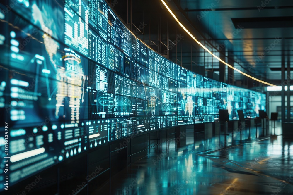 Poster the logistics control center features expansive screens that track delivery routes and real-time dat