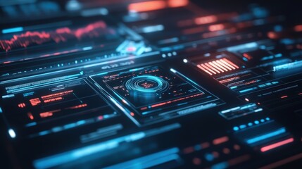 Obraz premium Futuristic digital interface with glowing neon elements.