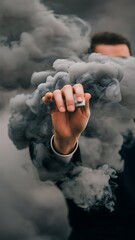Partial view of male hand in grey smoke