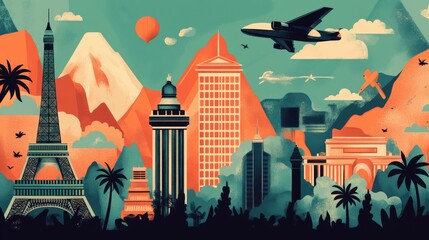Obraz premium Colorful travel illustration featuring global landmarks and an airplane.