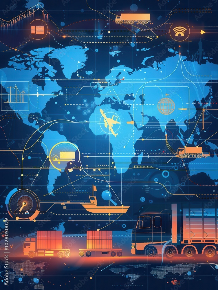 Aufkleber a detailed global map highlights transport routes with various transport icons linking major trade a