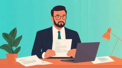 HR manager reviewing resumes at a desk, surrounded by documents and a laptop   resume review, recruitment, HR process