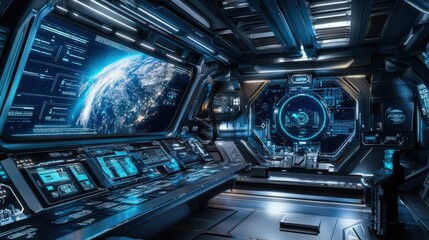 Futuristic spaceship control room with digital screens displaying Earth.