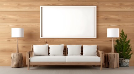 A rustic lodge-style living room with log furniture, stone accents, and a large blank white frame hung above a cozy couch, perfect for showcasing nature-inspired artwork. 