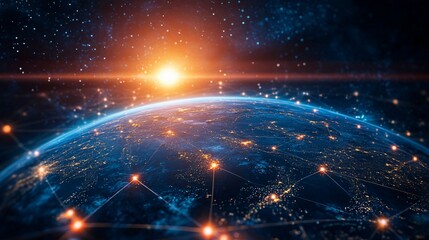 Fototapeta premium Earth's Network with a Rising Sun in the Background