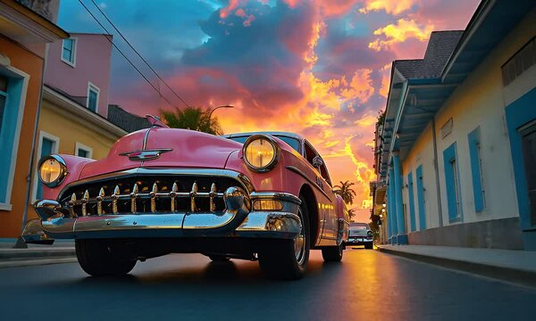 A pink classic car parked on a cobblestone street with vibrant sunset colors reflecting in the wet pavement.