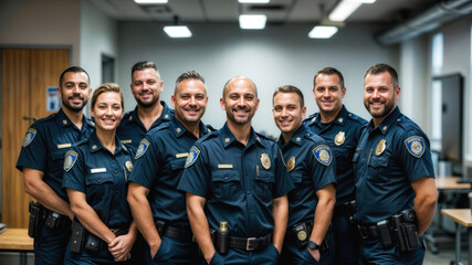 Group of smiling police officers standing together in station house