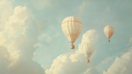 Fototapeta premium Three hot air balloons soaring through a serene cloudy sky.