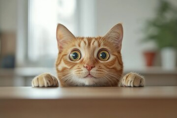 Shocked cat with big eyes isolated on simple background, funny animal expression, cute and surprised face