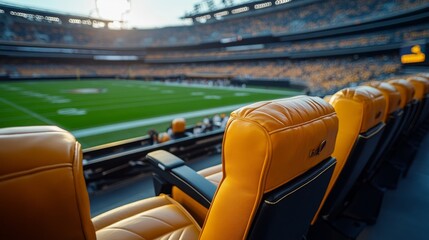 Close-up view of premium stadium seats at the field level, luxurious leather design with gold accents, overlooking the sports field, perfect for VIP experience ads