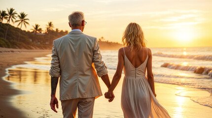 Fototapeta premium Romantic couple walking on the beach at sunset holding hands