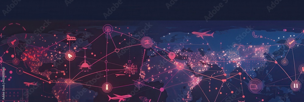 Aufkleber a world map displays highlighted transport routes along with various transportation icons, illustrat