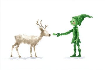 A whimsical elf offers food to a curious reindeer, illustrating kindness.