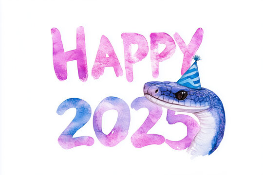 A colorful snake in a party hat says Happy 2025 in vibrant watercolor text.