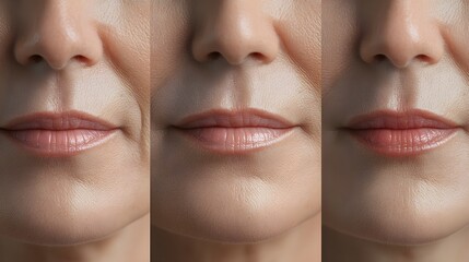 Obraz premium Time-lapse capturing fine line reduction around the mouth through a series of anti-aging treatments, with detailed before-and-after comparisons highlighting the improvements