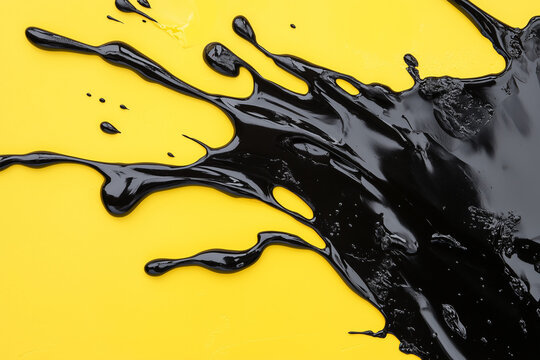Glossy black paint heaps on vivid yellow canvas form expressive abstract art.