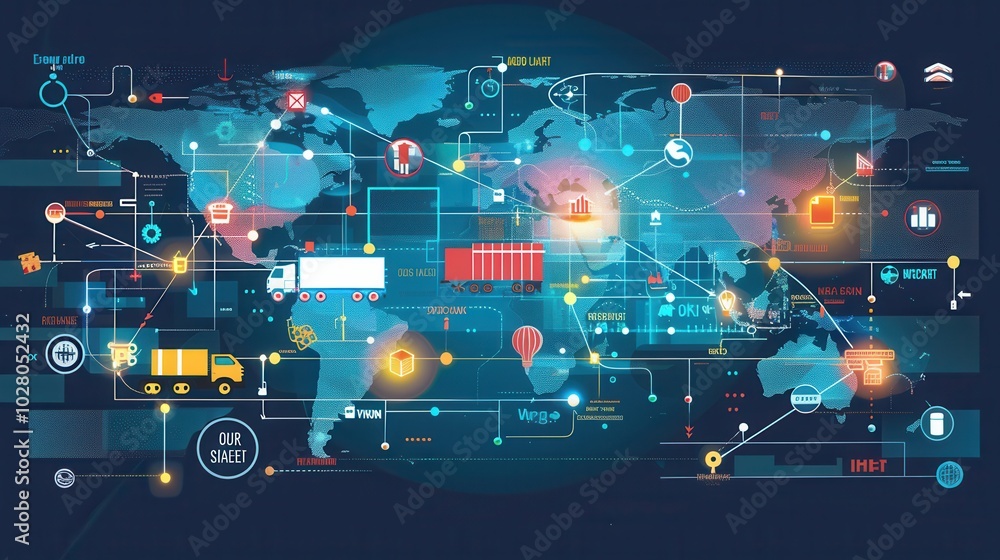 Aufkleber transport routes are illustrated across a global map, showcasing various icons representing differen