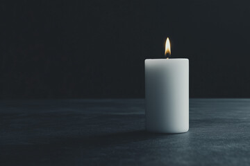 Single white candle burning softly in a dark room creating a serene ambiance.